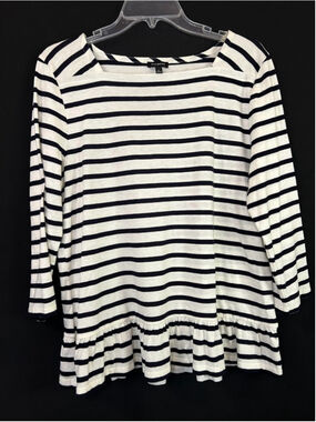Talbots Peplum Tunic Top 3/4 Sleeve Black White Stripe Preppy Casual Large EUC